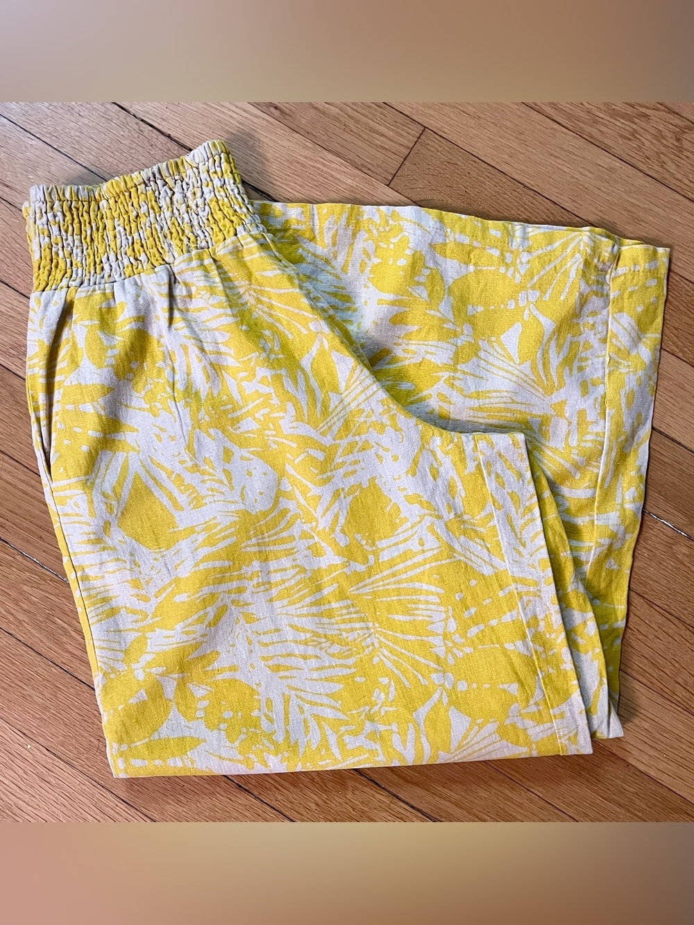 Tahari Linen Pants yellow Tropical Print Size Large